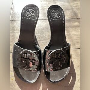Tory Burch Glossy Black Mules kitten heels